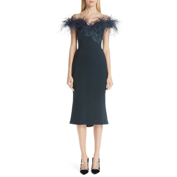 MARCHESA Navy Blue Ostrich Feather Beaded Off Shoulder Fluted Hem Dress 8 M NEW - Picture 2 of 12